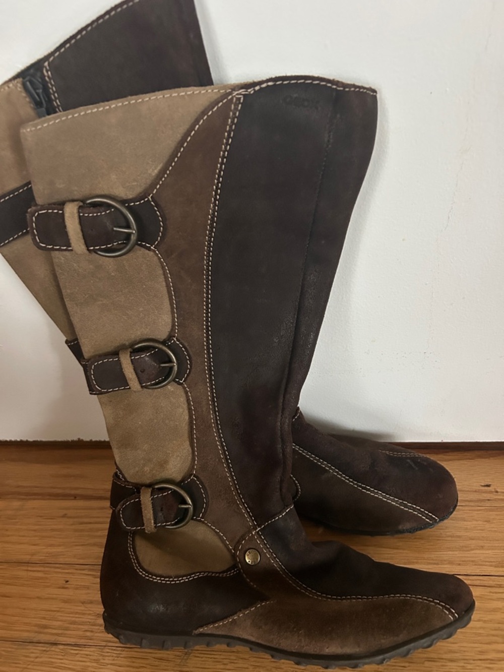 Geox Women’s Tall Buckle Suede Boots in Brown and Tan